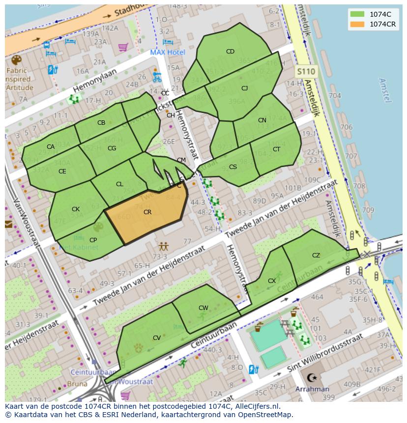 Afbeelding van het postcodegebied 1074 CR op de kaart.