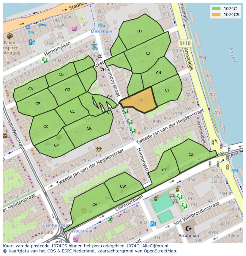 Afbeelding van het postcodegebied 1074 CS op de kaart.