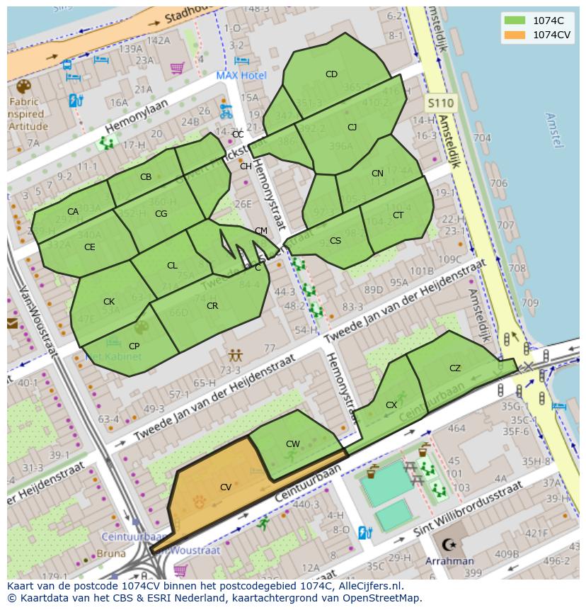 Afbeelding van het postcodegebied 1074 CV op de kaart.