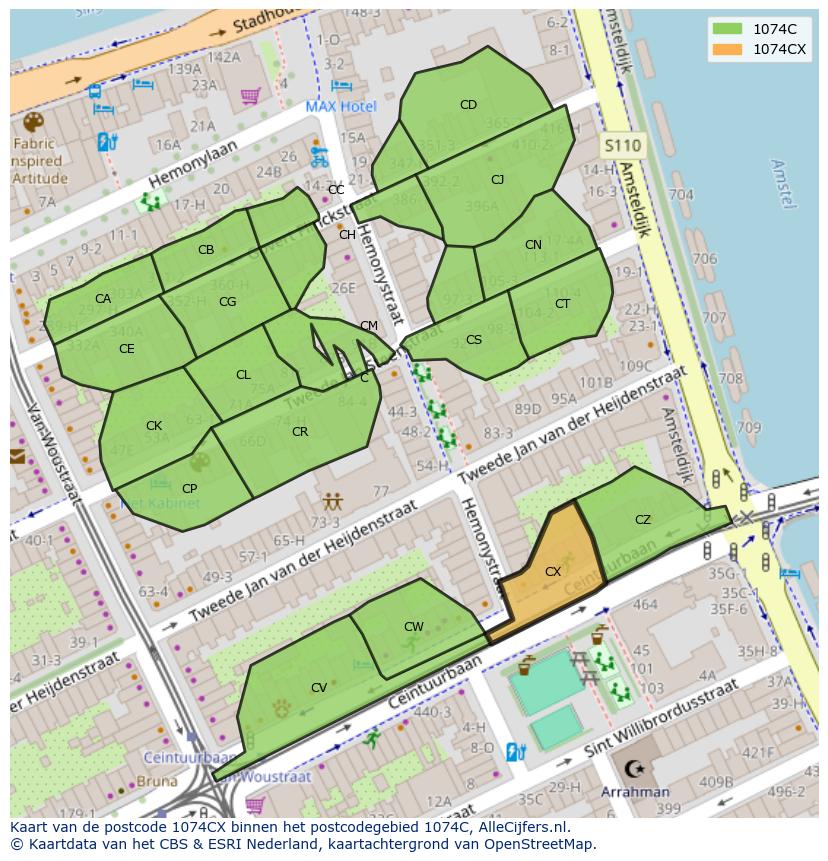 Afbeelding van het postcodegebied 1074 CX op de kaart.