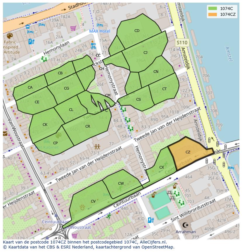 Afbeelding van het postcodegebied 1074 CZ op de kaart.