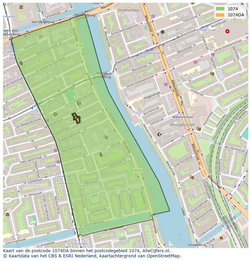 Afbeelding van het postcodegebied 1074 DA op de kaart.