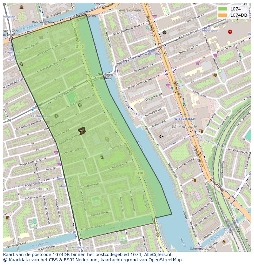 Afbeelding van het postcodegebied 1074 DB op de kaart.