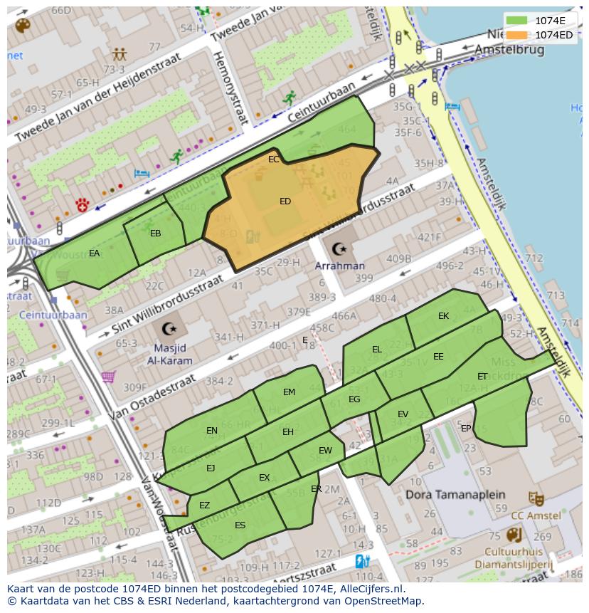 Afbeelding van het postcodegebied 1074 ED op de kaart.