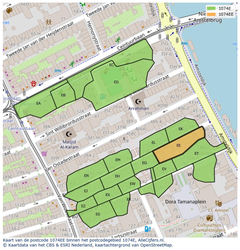 Afbeelding van het postcodegebied 1074 EE op de kaart.