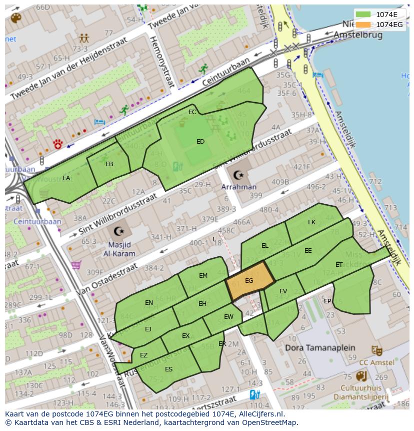 Afbeelding van het postcodegebied 1074 EG op de kaart.