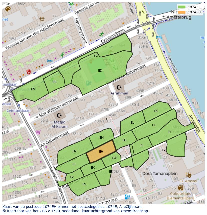 Afbeelding van het postcodegebied 1074 EH op de kaart.