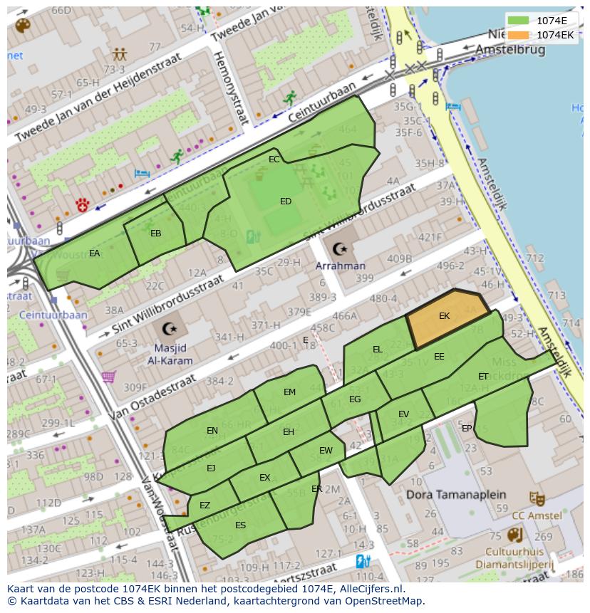 Afbeelding van het postcodegebied 1074 EK op de kaart.