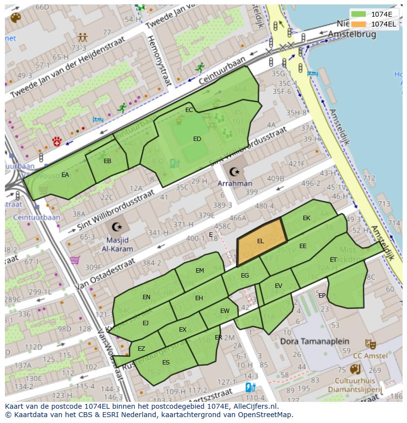 Afbeelding van het postcodegebied 1074 EL op de kaart.