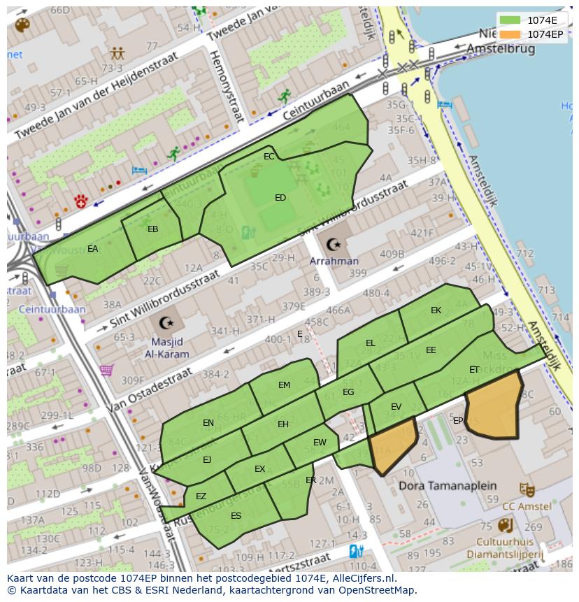 Afbeelding van het postcodegebied 1074 EP op de kaart.