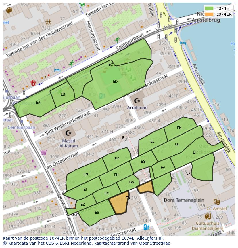 Afbeelding van het postcodegebied 1074 ER op de kaart.