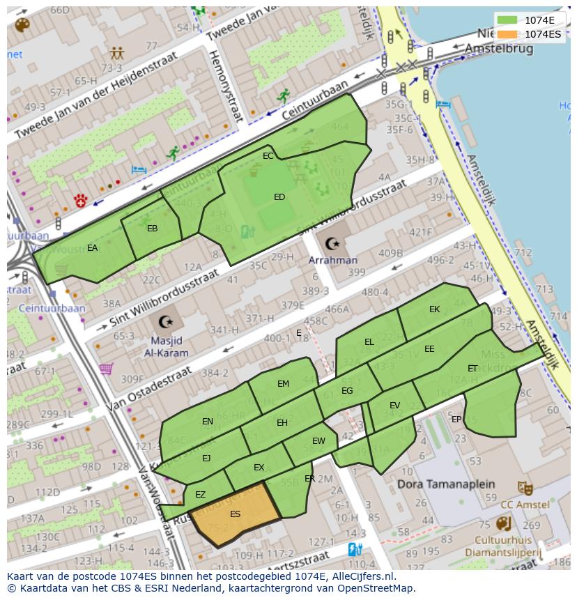 Afbeelding van het postcodegebied 1074 ES op de kaart.