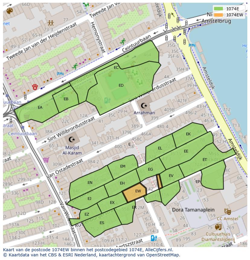 Afbeelding van het postcodegebied 1074 EW op de kaart.
