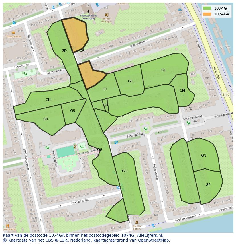 Afbeelding van het postcodegebied 1074 GA op de kaart.