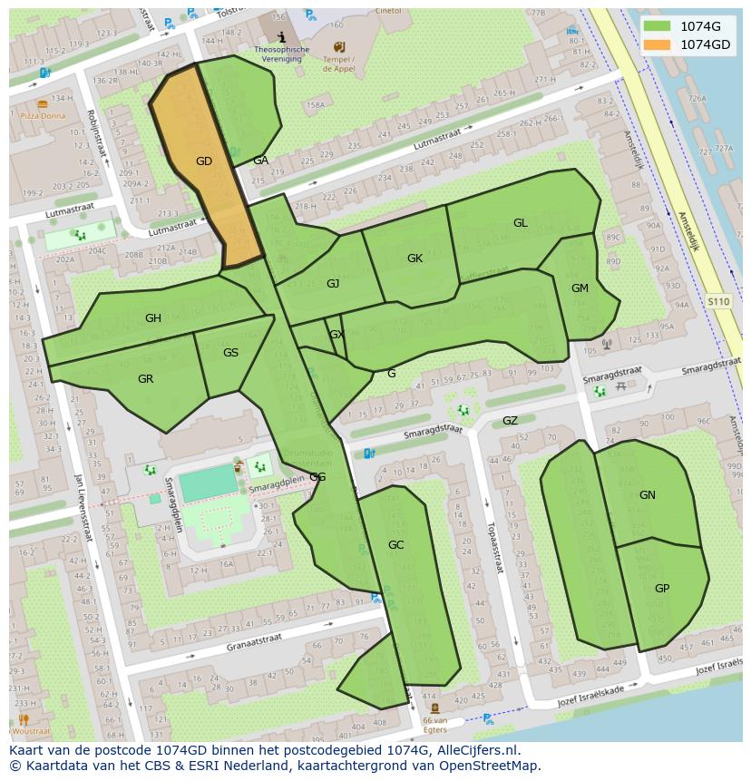 Afbeelding van het postcodegebied 1074 GD op de kaart.