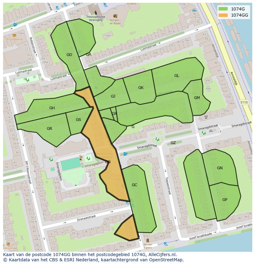 Afbeelding van het postcodegebied 1074 GG op de kaart.