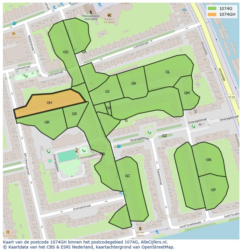 Afbeelding van het postcodegebied 1074 GH op de kaart.