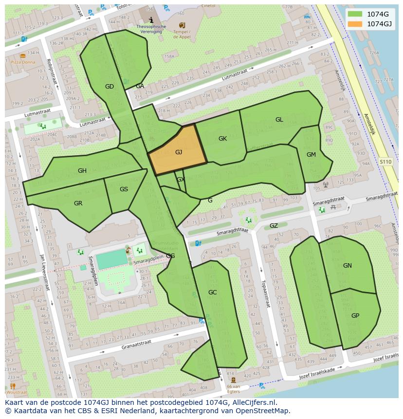 Afbeelding van het postcodegebied 1074 GJ op de kaart.