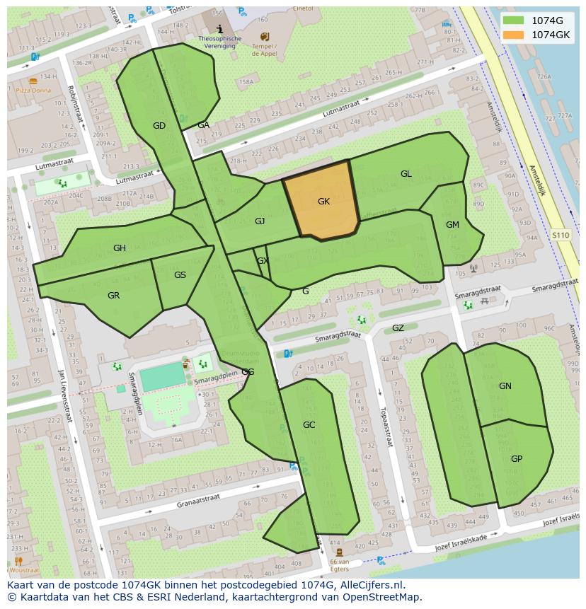 Afbeelding van het postcodegebied 1074 GK op de kaart.