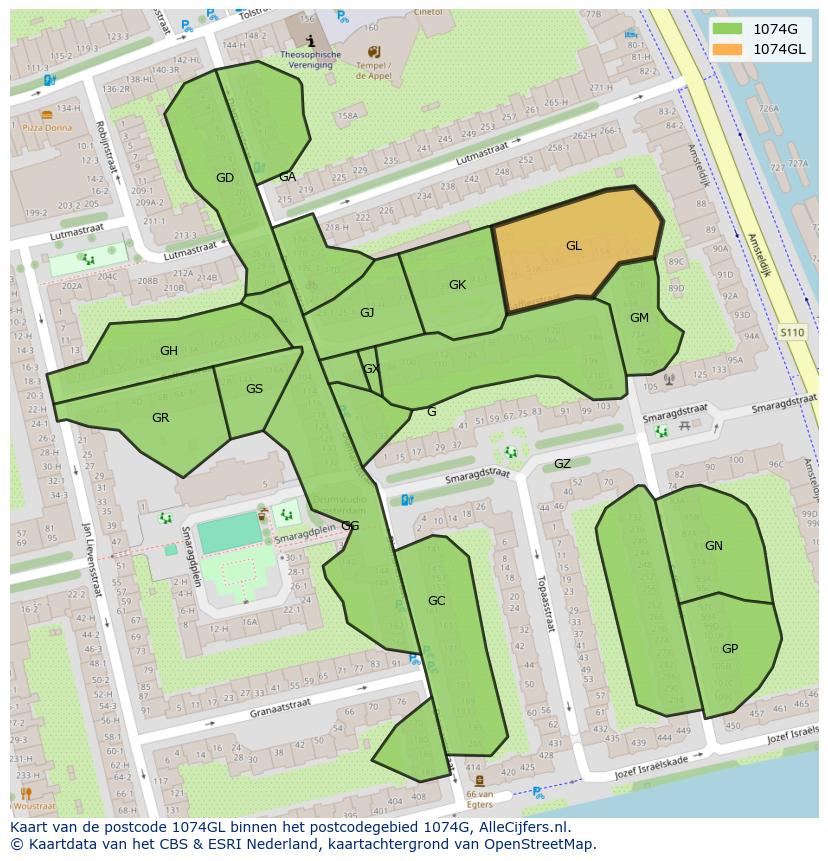 Afbeelding van het postcodegebied 1074 GL op de kaart.