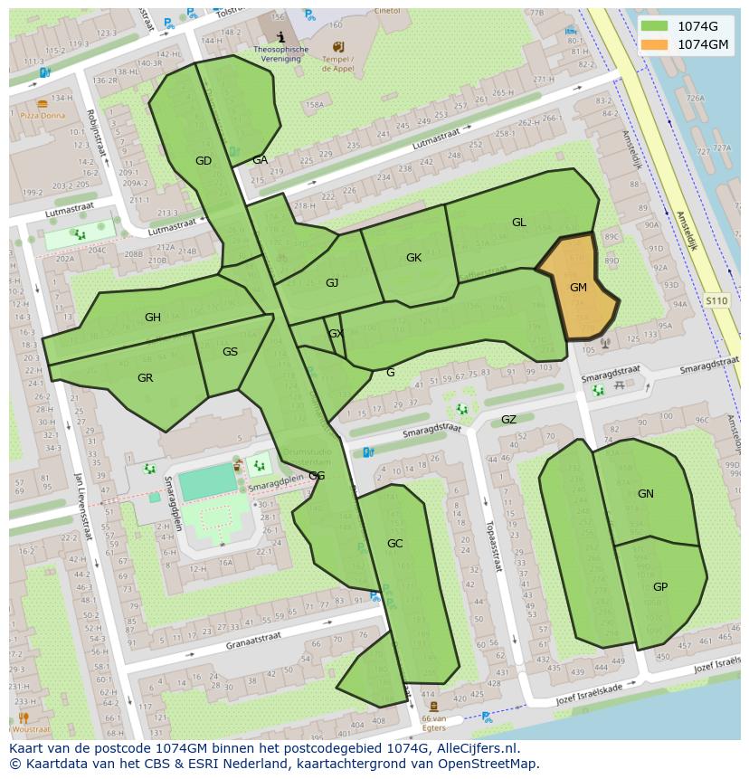 Afbeelding van het postcodegebied 1074 GM op de kaart.