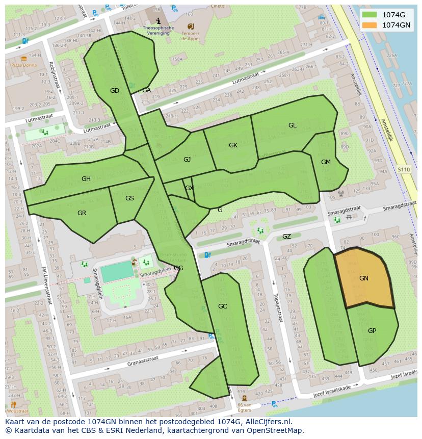 Afbeelding van het postcodegebied 1074 GN op de kaart.