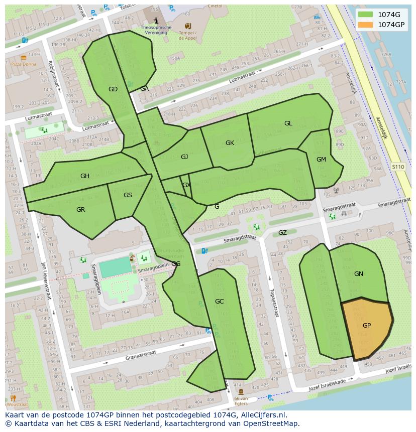 Afbeelding van het postcodegebied 1074 GP op de kaart.
