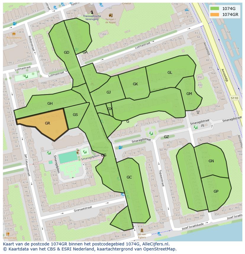 Afbeelding van het postcodegebied 1074 GR op de kaart.
