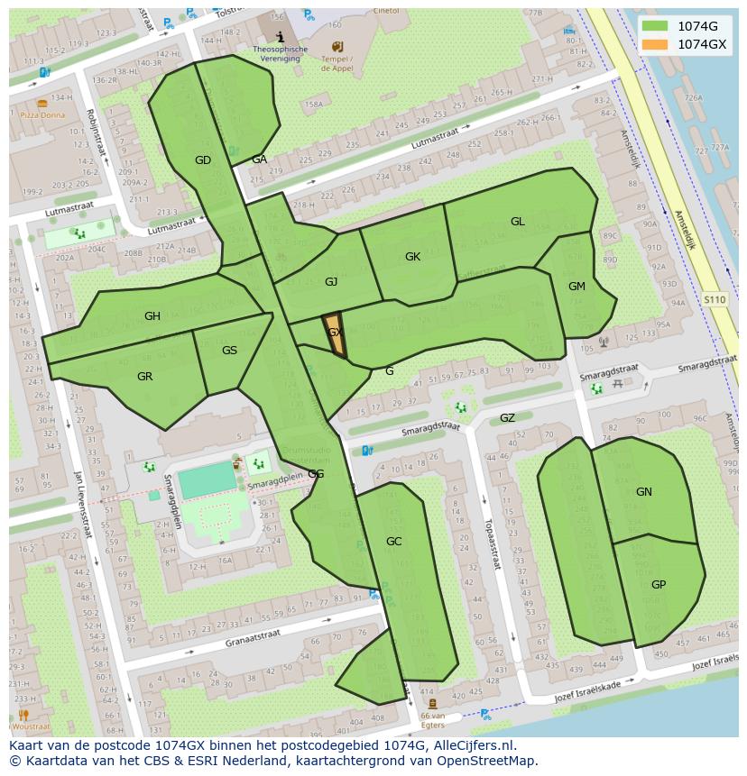 Afbeelding van het postcodegebied 1074 GX op de kaart.