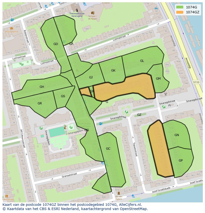 Afbeelding van het postcodegebied 1074 GZ op de kaart.