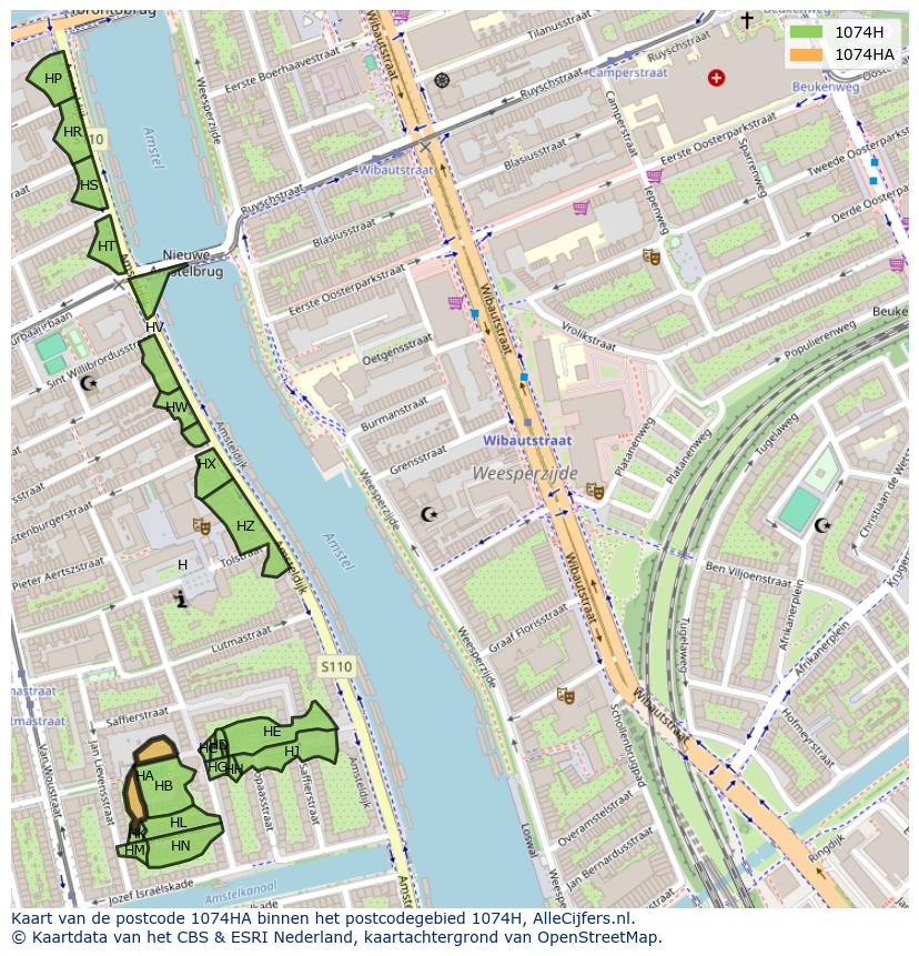 Afbeelding van het postcodegebied 1074 HA op de kaart.