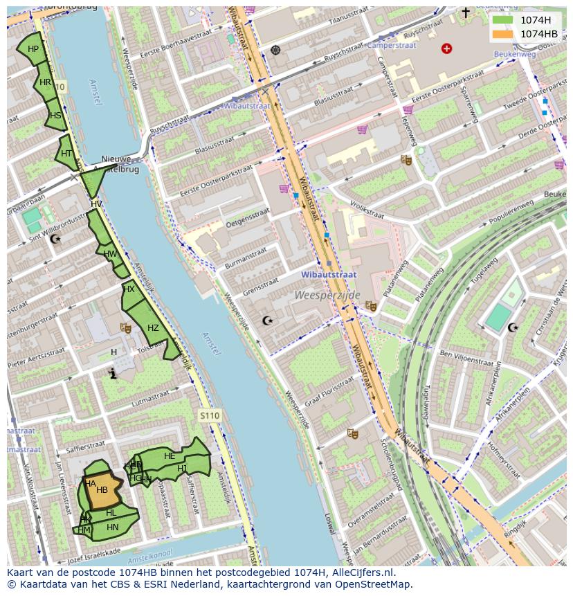 Afbeelding van het postcodegebied 1074 HB op de kaart.