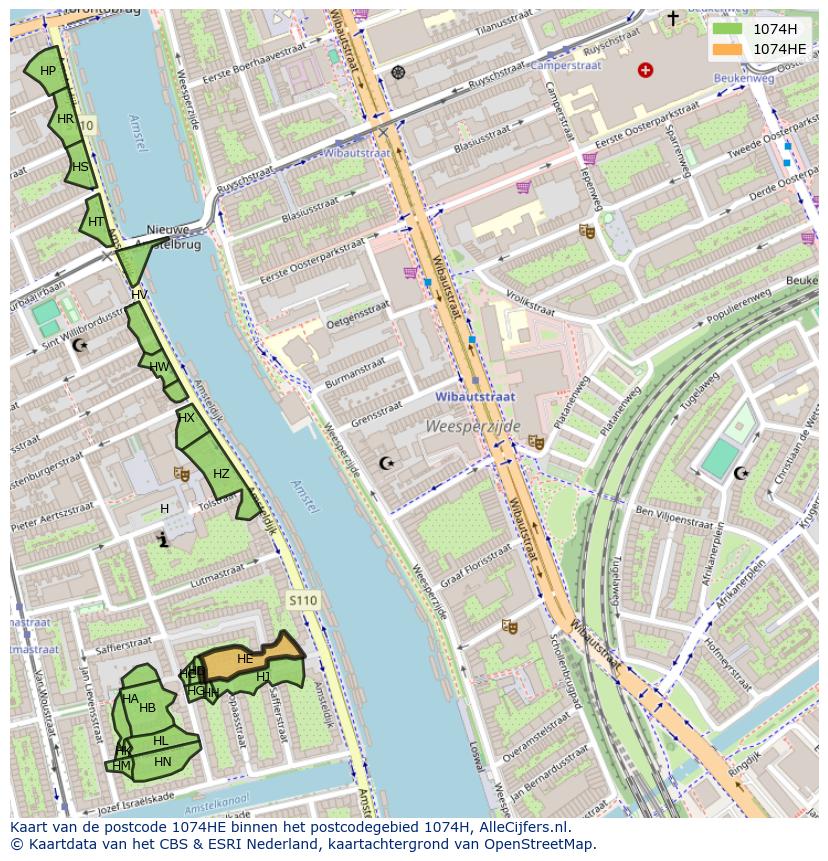 Afbeelding van het postcodegebied 1074 HE op de kaart.