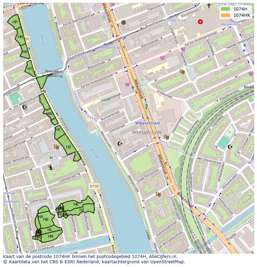 Afbeelding van het postcodegebied 1074 HK op de kaart.