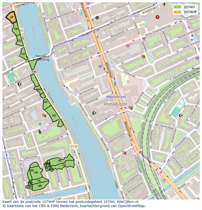 Afbeelding van het postcodegebied 1074 HP op de kaart.