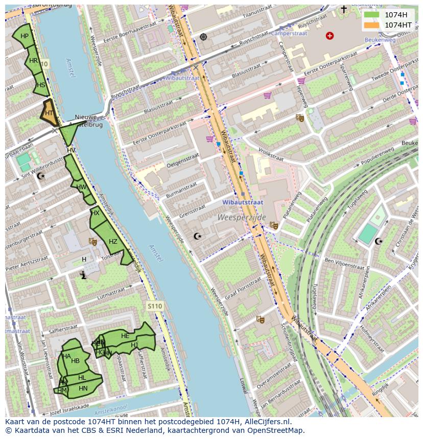 Afbeelding van het postcodegebied 1074 HT op de kaart.