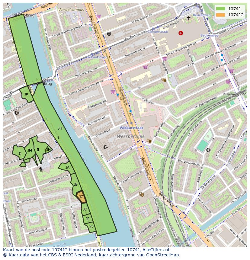Afbeelding van het postcodegebied 1074 JC op de kaart.