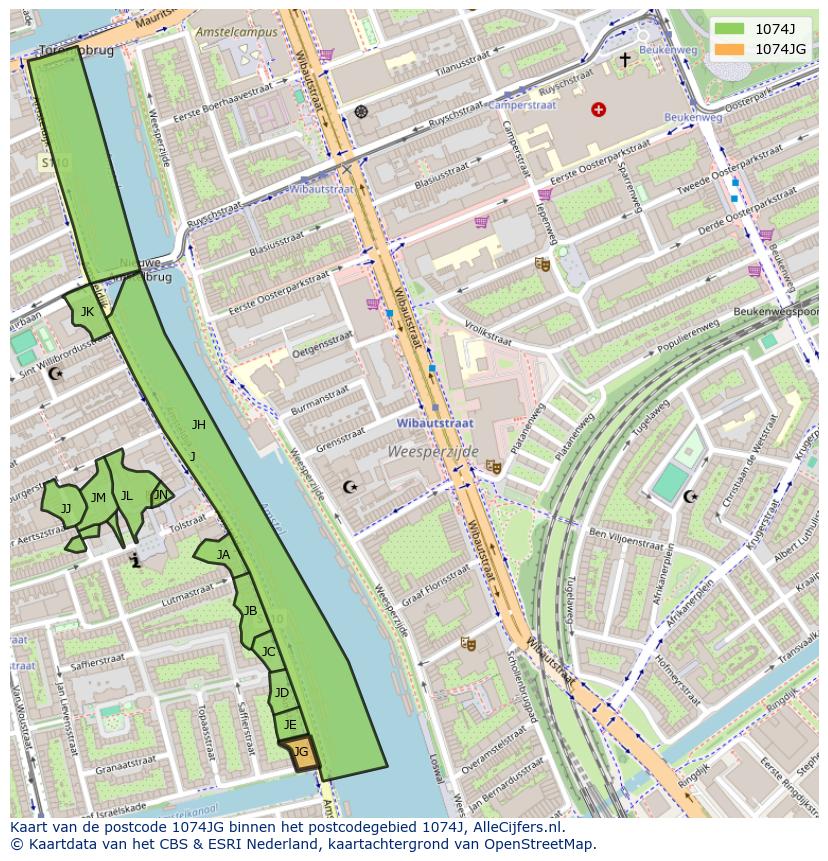 Afbeelding van het postcodegebied 1074 JG op de kaart.