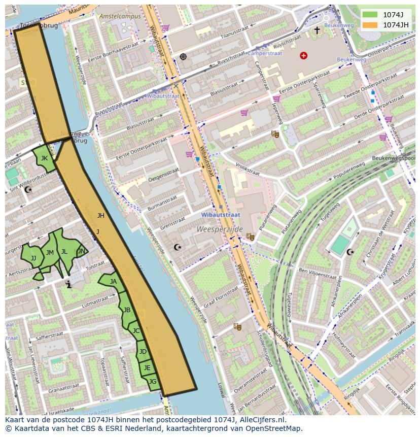 Afbeelding van het postcodegebied 1074 JH op de kaart.