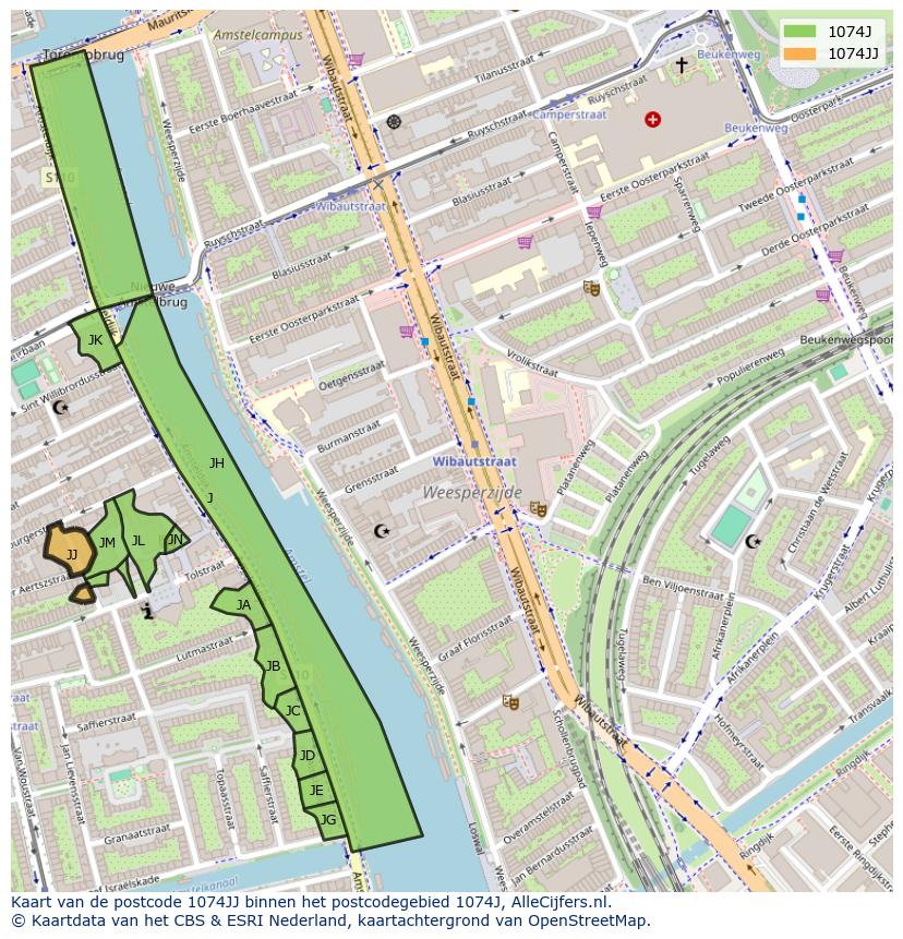 Afbeelding van het postcodegebied 1074 JJ op de kaart.