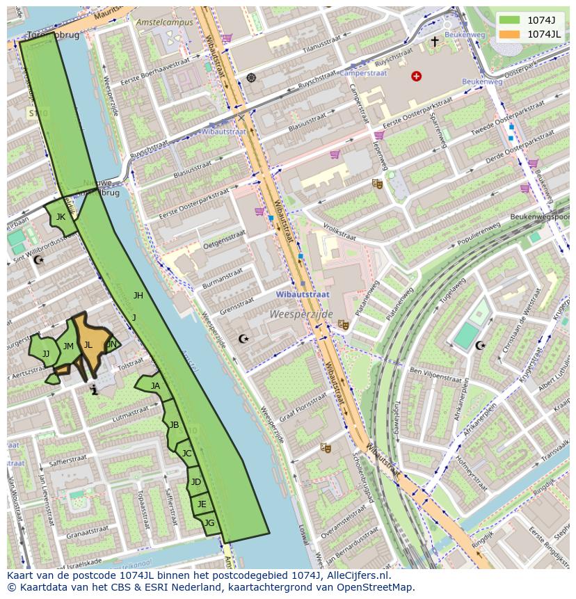 Afbeelding van het postcodegebied 1074 JL op de kaart.