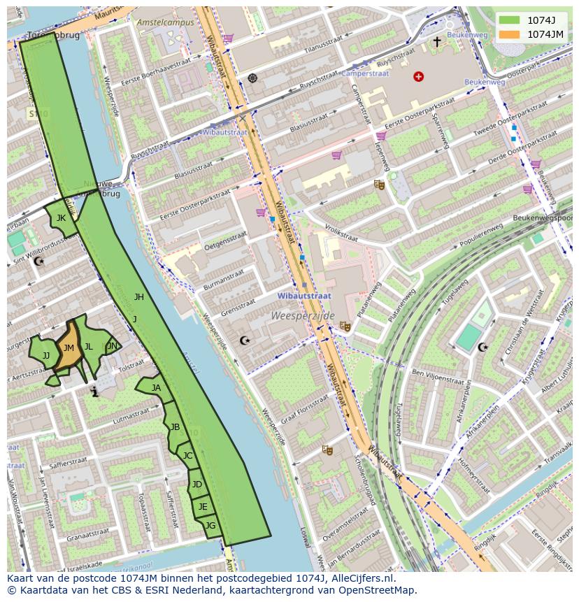 Afbeelding van het postcodegebied 1074 JM op de kaart.