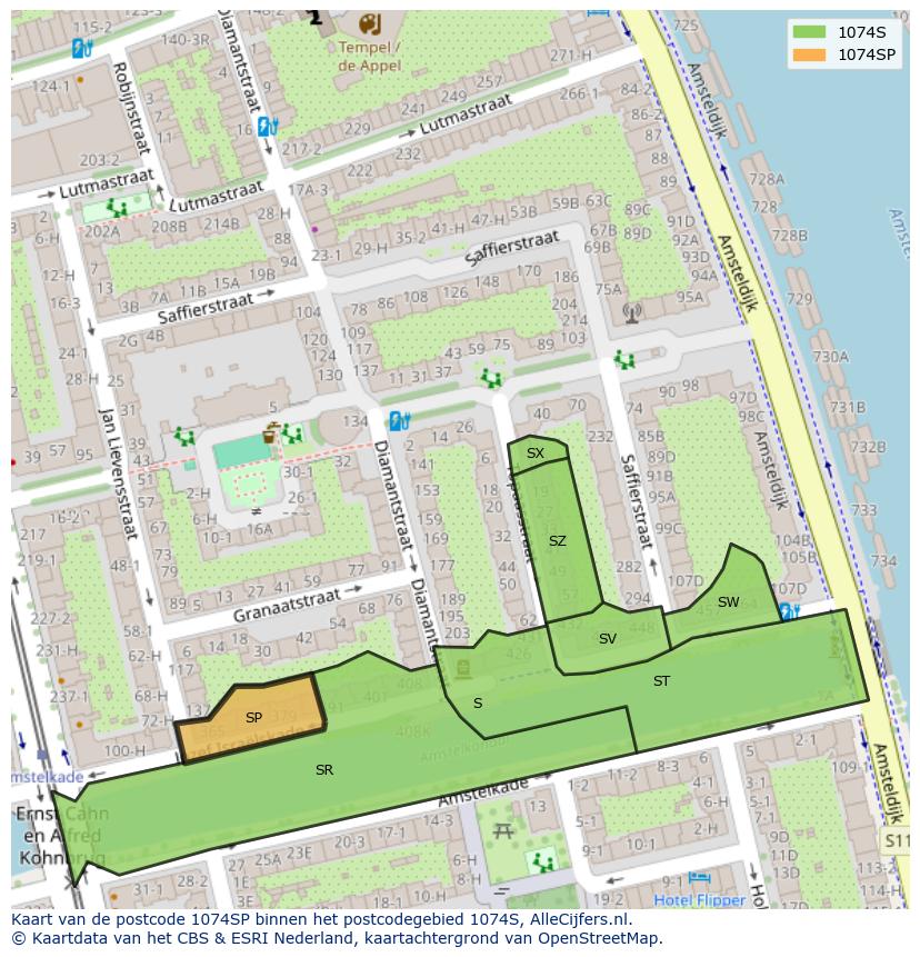 Afbeelding van het postcodegebied 1074 SP op de kaart.