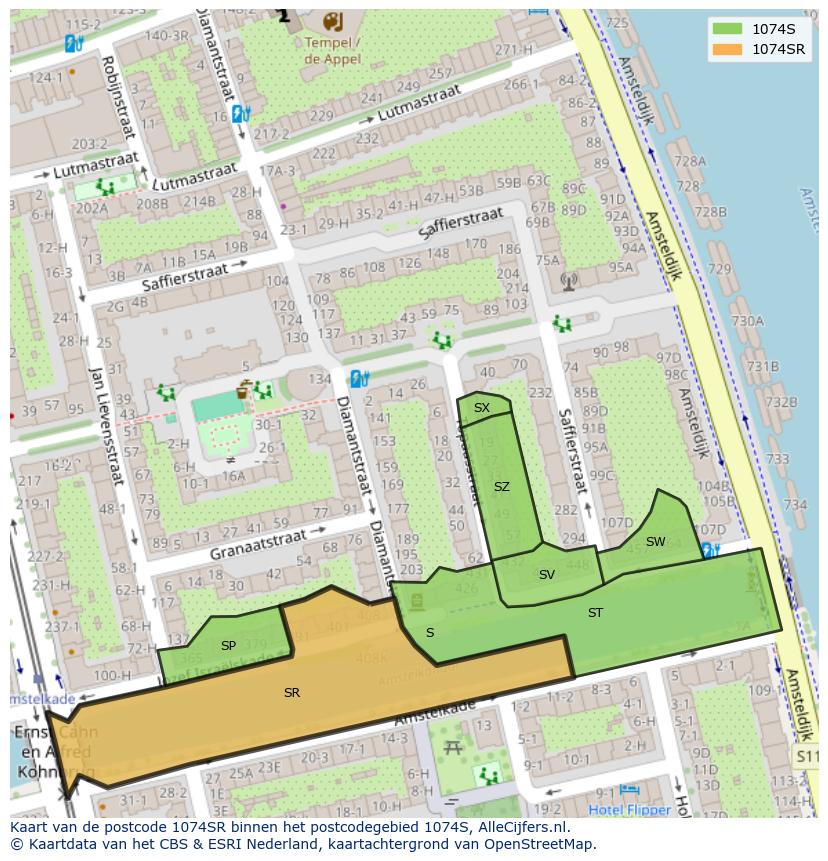 Afbeelding van het postcodegebied 1074 SR op de kaart.