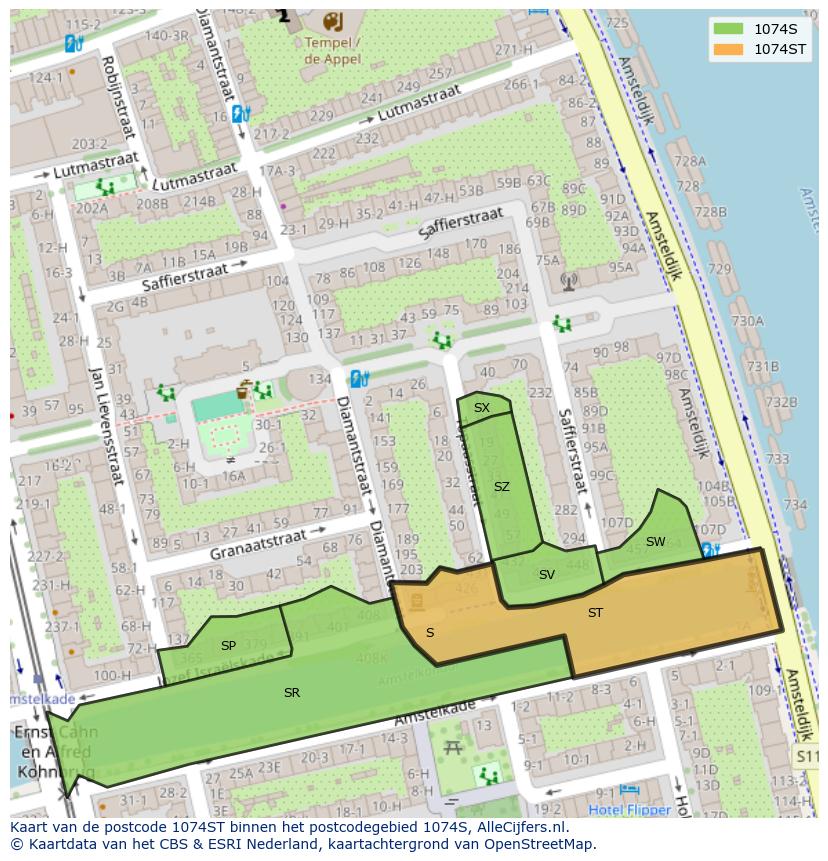 Afbeelding van het postcodegebied 1074 ST op de kaart.