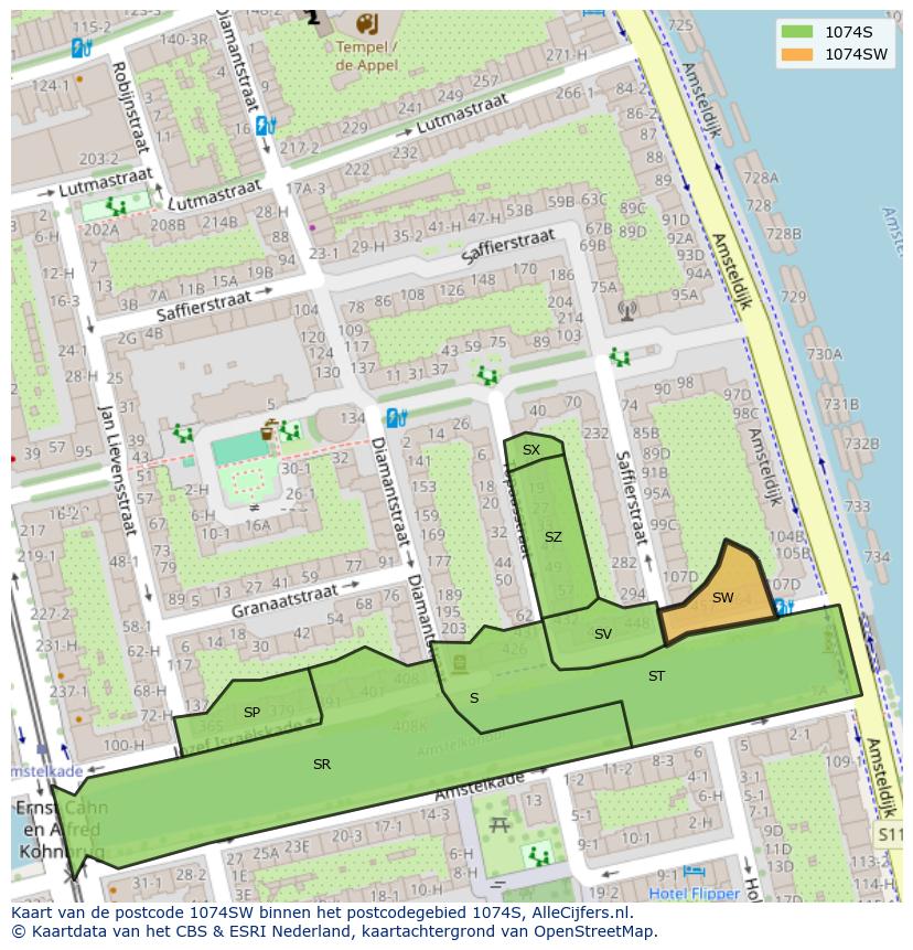 Afbeelding van het postcodegebied 1074 SW op de kaart.
