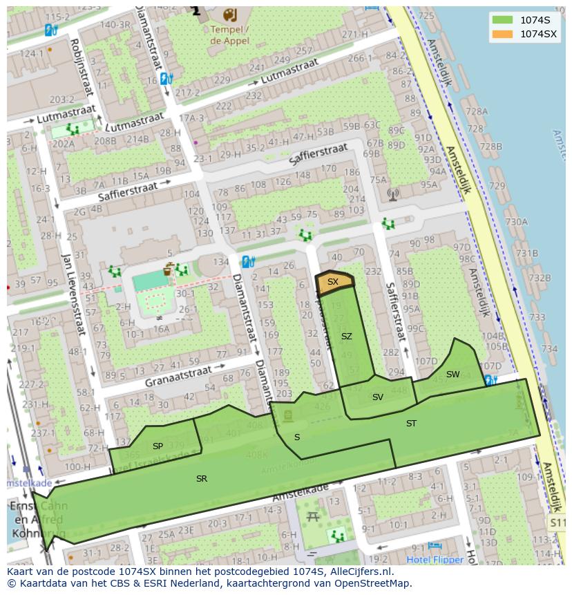 Afbeelding van het postcodegebied 1074 SX op de kaart.