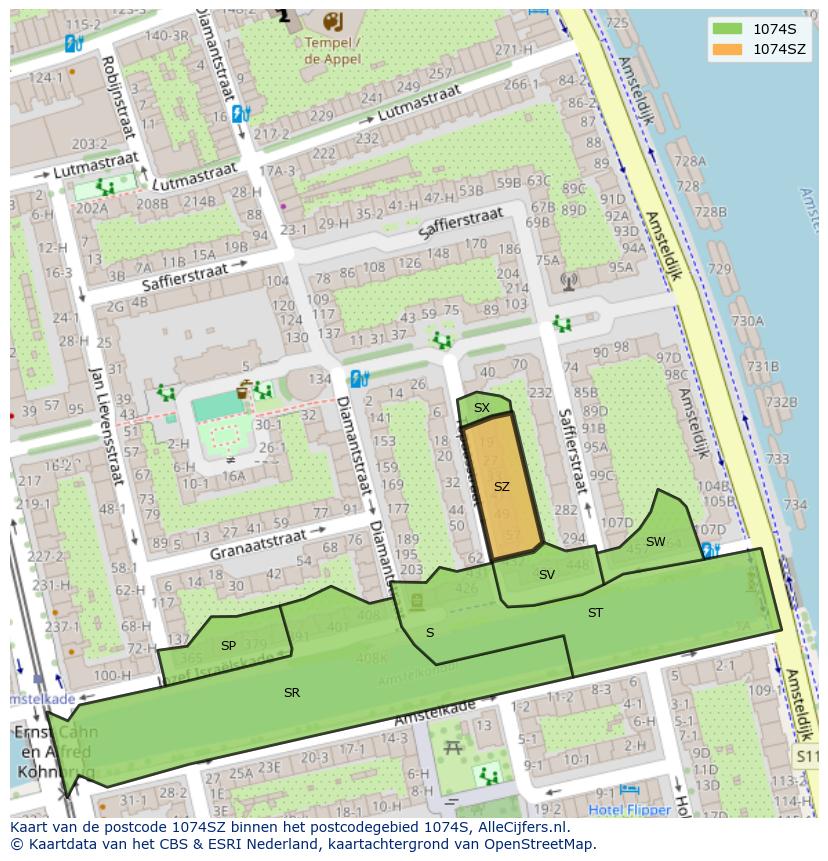 Afbeelding van het postcodegebied 1074 SZ op de kaart.