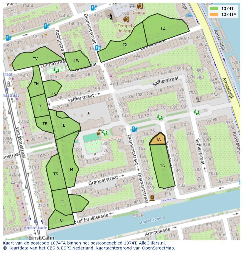 Afbeelding van het postcodegebied 1074 TA op de kaart.