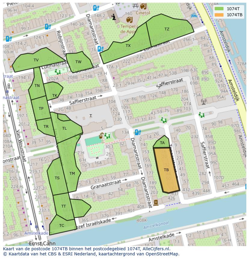 Afbeelding van het postcodegebied 1074 TB op de kaart.